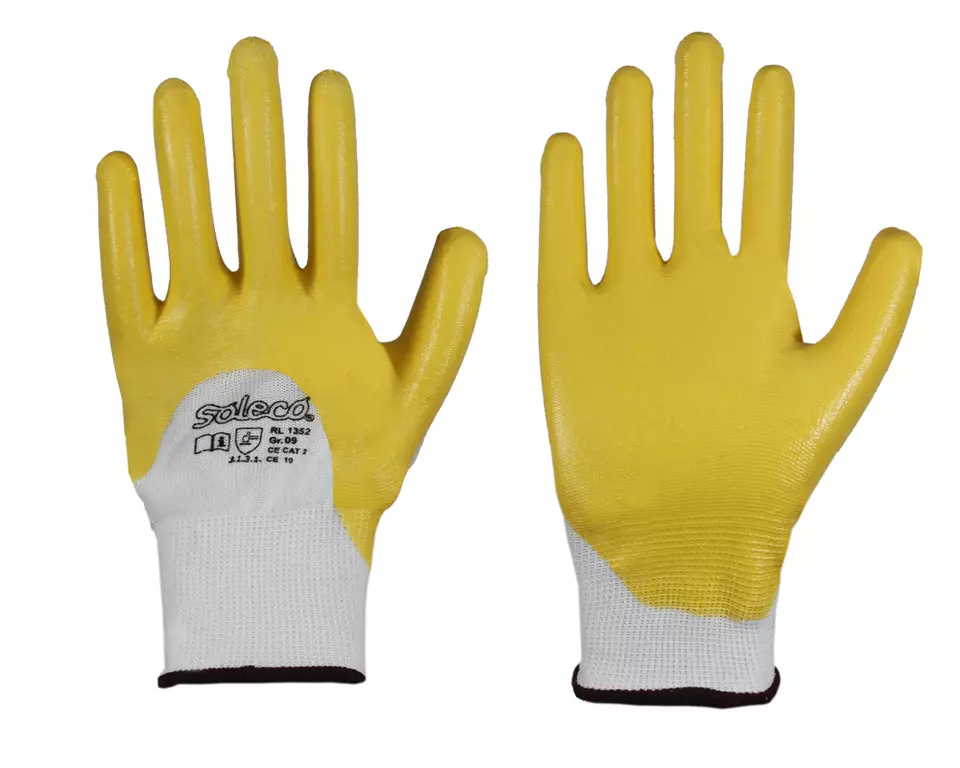 Richard Leipold 1352, Soleco Nitril-Handschuh gelb mit Strickbund teilbeschichtet CE CAT 2, image 1, gallery thumbnail