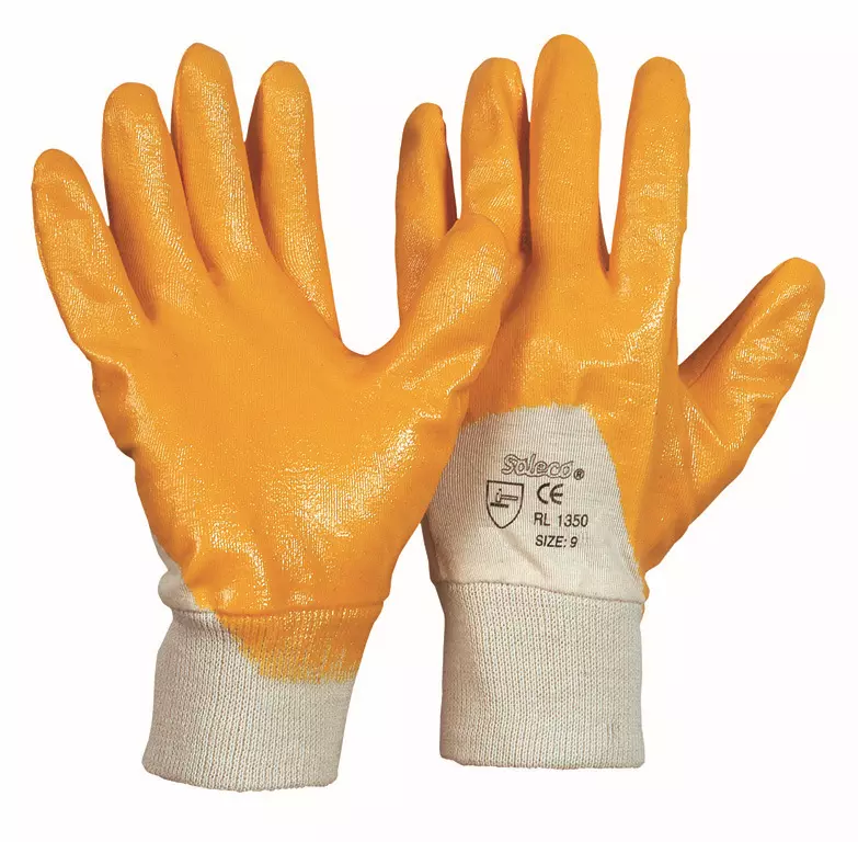 Richard Leipold 1350, Soleco Nitrile Glove Yellow Knitted Cuff Partially Coated CE CAT 2, image 1, gallery thumbnail