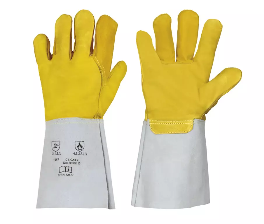 Richard Leipold 1157, Nappa Leather Glove Yellow 35cm Split Leather Cuff CE CAT 2, image 1, gallery thumbnail