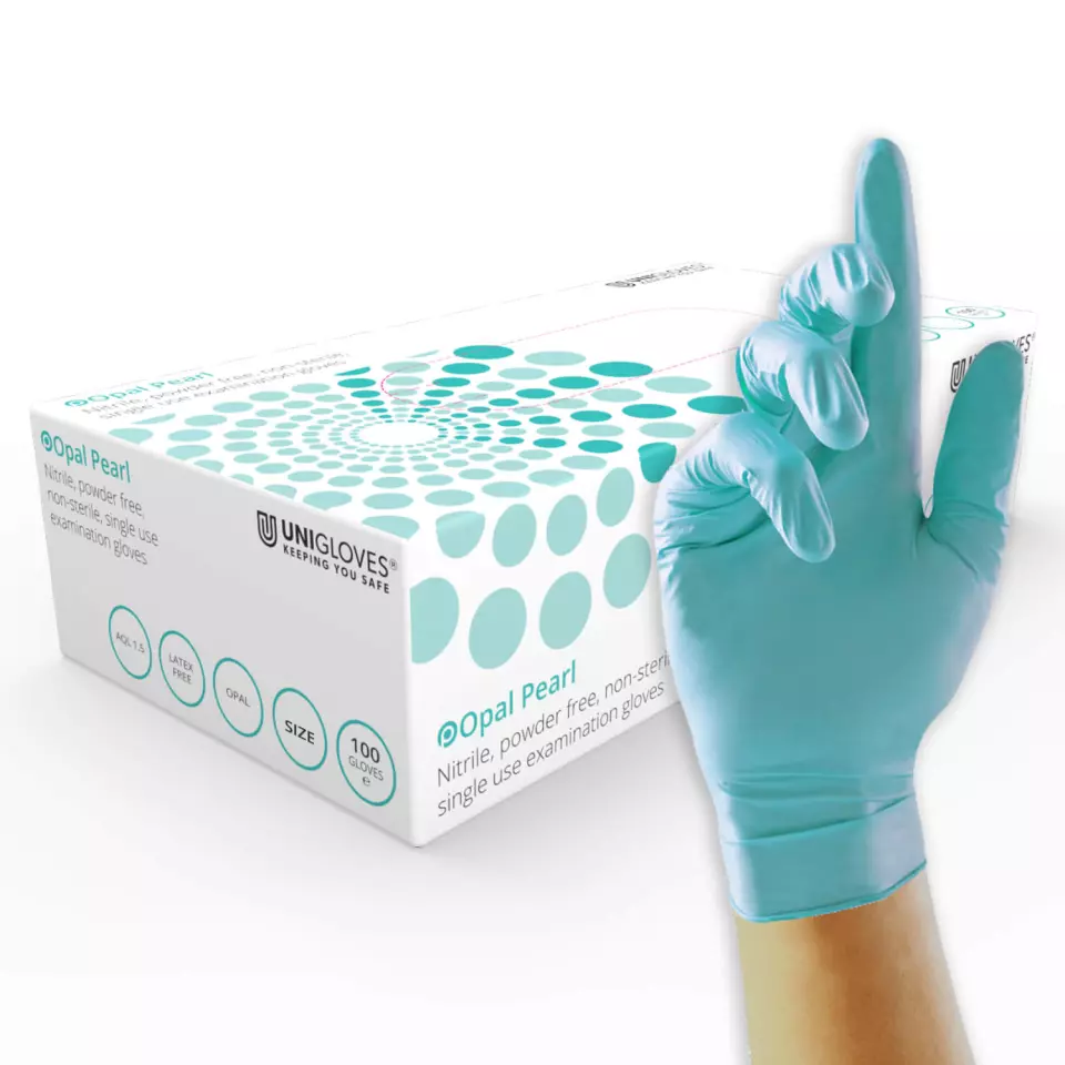 Unigloves GP009, Pearl Aqua blue nitrile gloves, image 1, gallery thumbnail