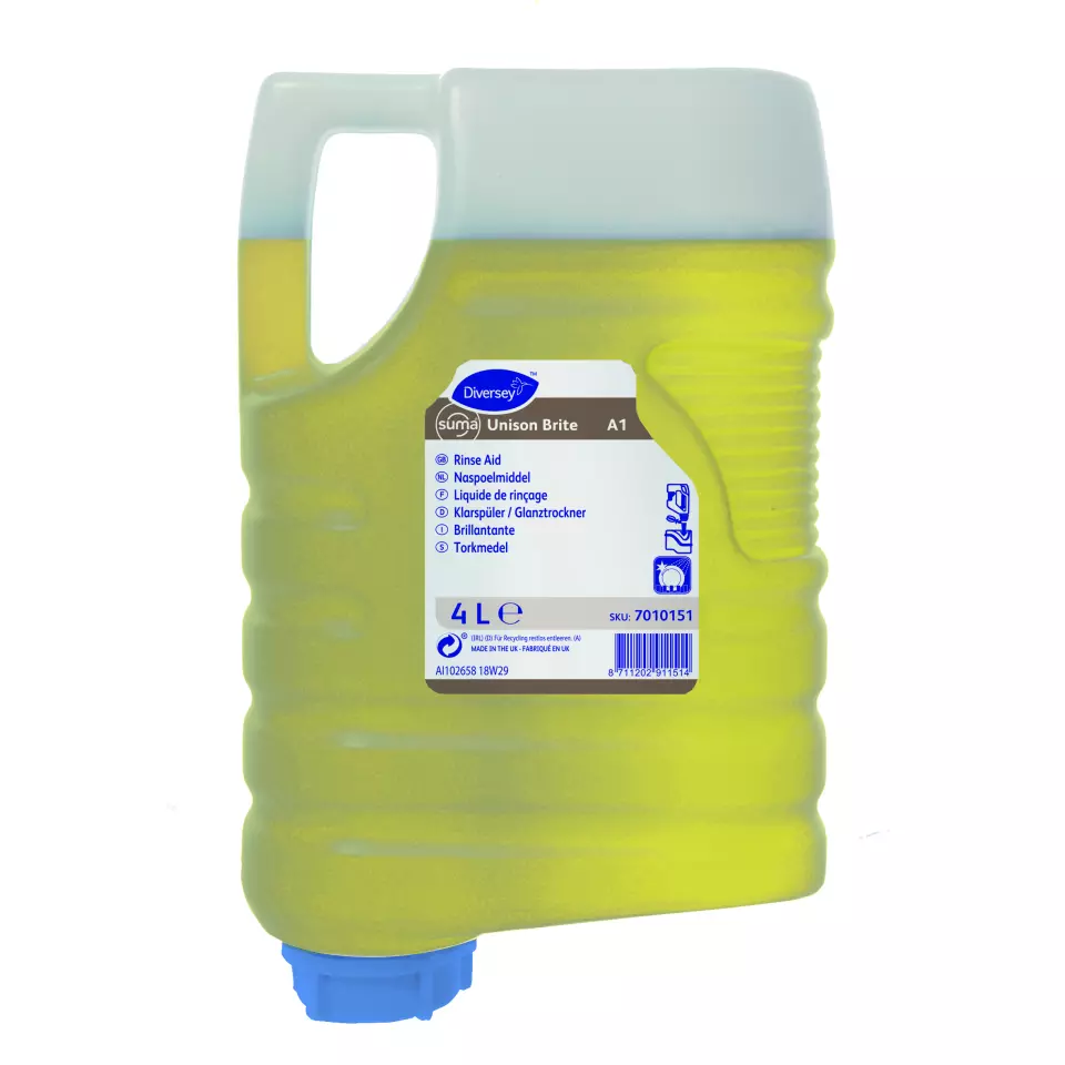 Suma 7010151, Unison Brite A1 Liquid Low-Foaming Acidic Rinse Aid 4L, image 1, gallery thumbnail