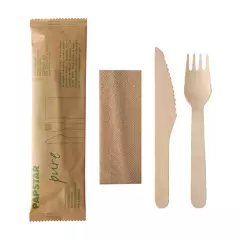Papstar 88270, Pure Wooden Cutlery Set: Knife, Fork, Napkin in Paper Bag