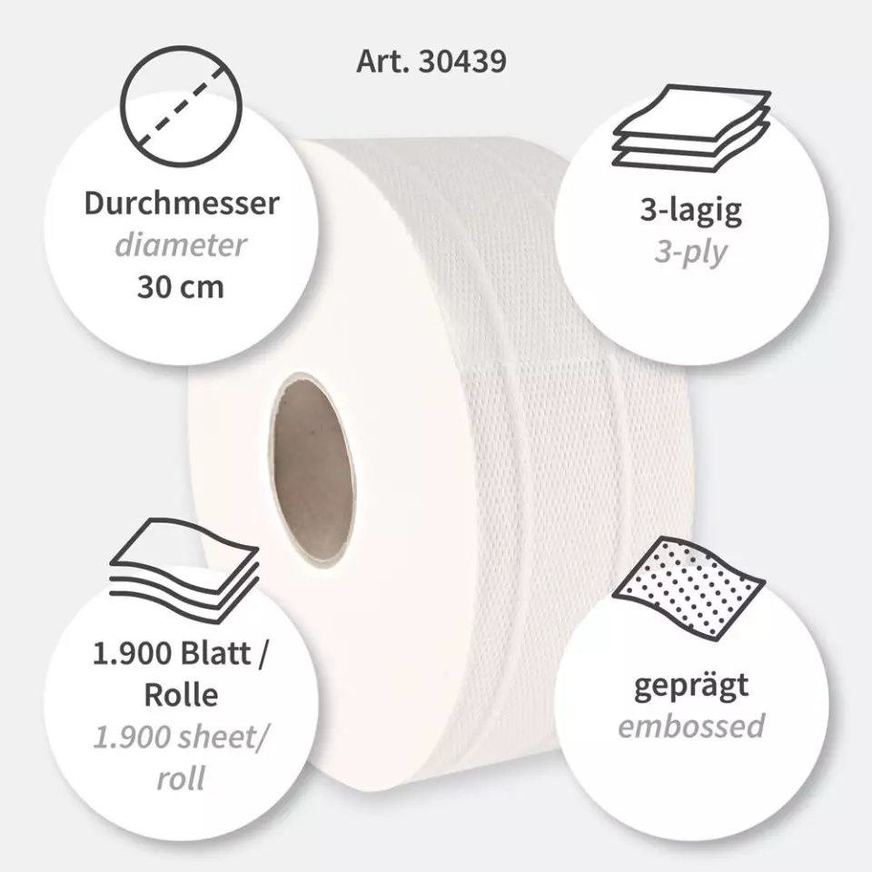 HygoClean 30439, Jumbo Cellulose Toilet Paper, 3-Ply, Brightwhite, image 3, gallery thumbnail