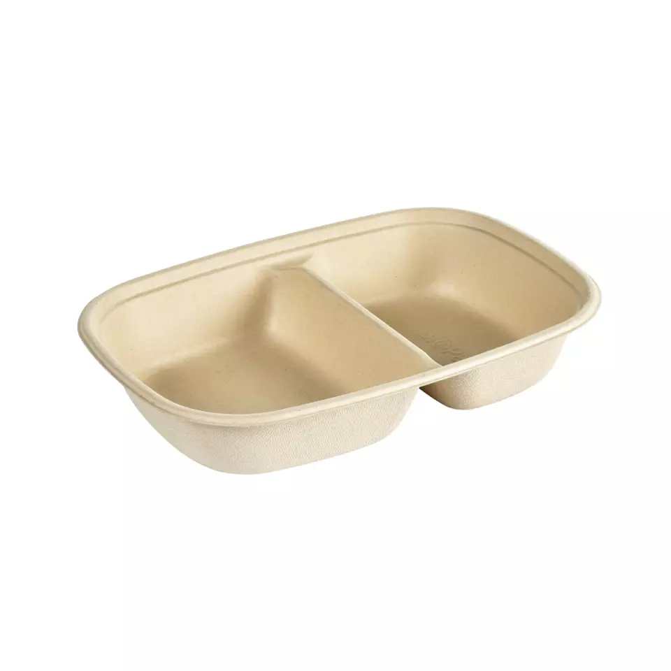 Duni 205099, Cube Large Rectangular 2-Compartment Bowl, Brown, Bagasse, 249 x 172 x 45mm, 400/500ml, image 1, gallery thumbnail