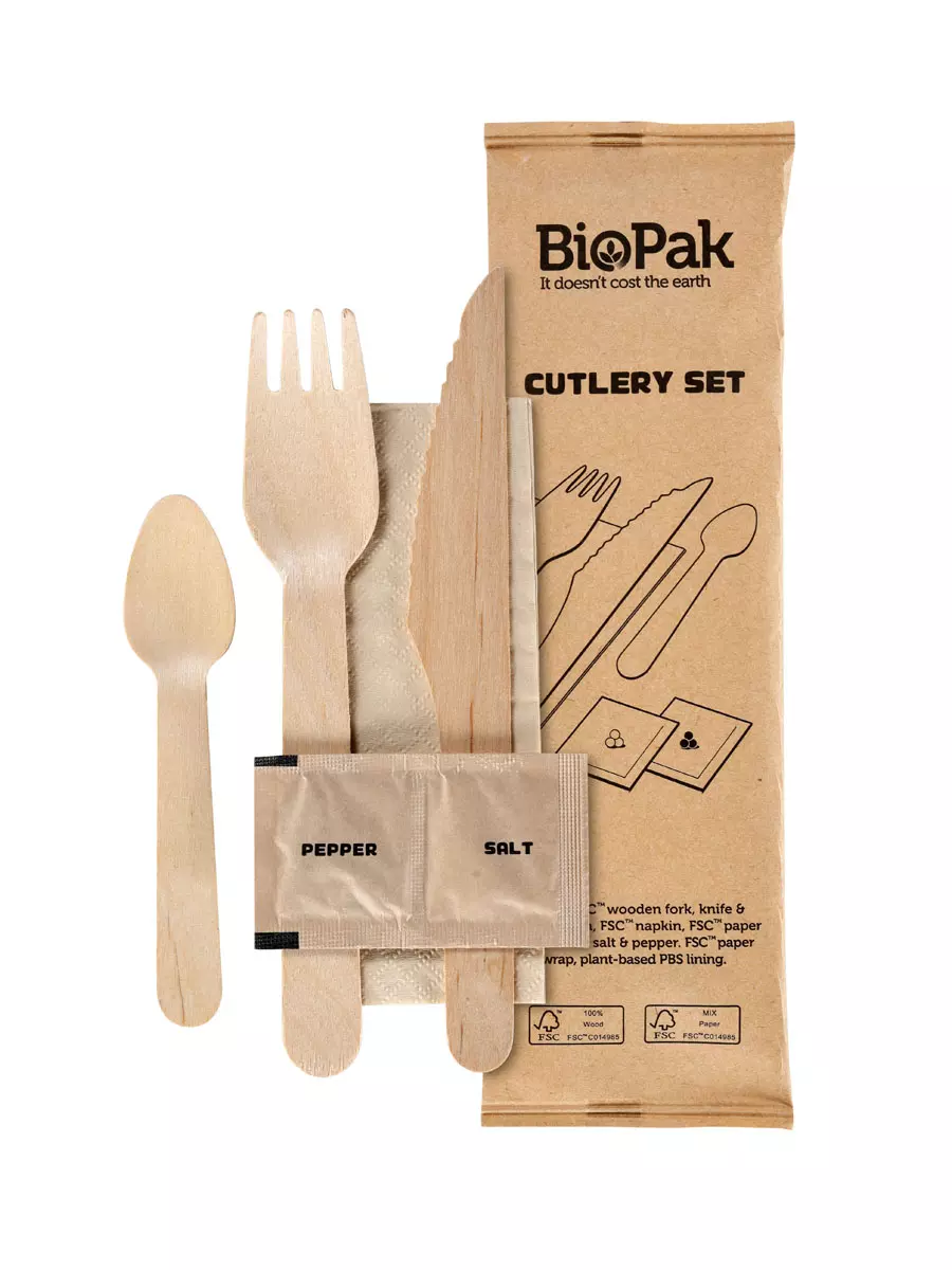 Duni 195924, Waxed Wood Petit Wooden Cutlery Set with Knife, Fork, Teaspoon and Napkin, image 1, gallery thumbnail