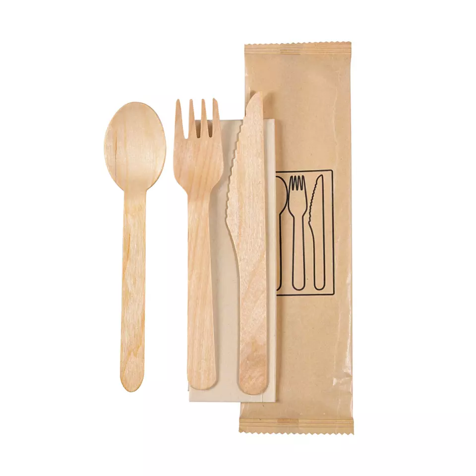 Duni 192224, Waxed Wood Petit Wooden Cutlery Set with Knife, Fork, Spoon, Napkin, Brown, image 1, gallery thumbnail
