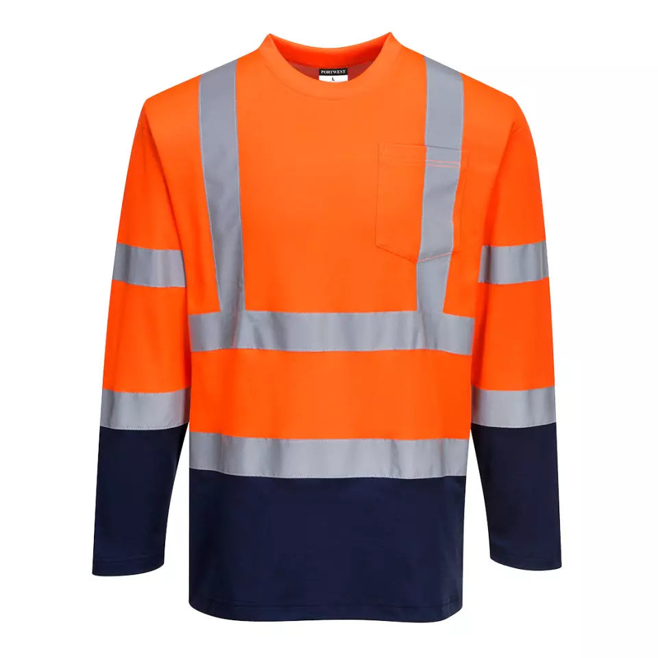 Portwest S280ONR, Hi-Vis Cotton Comfort Contrast T-Shirt L/S, Orange/Navy, image 1, gallery thumbnail