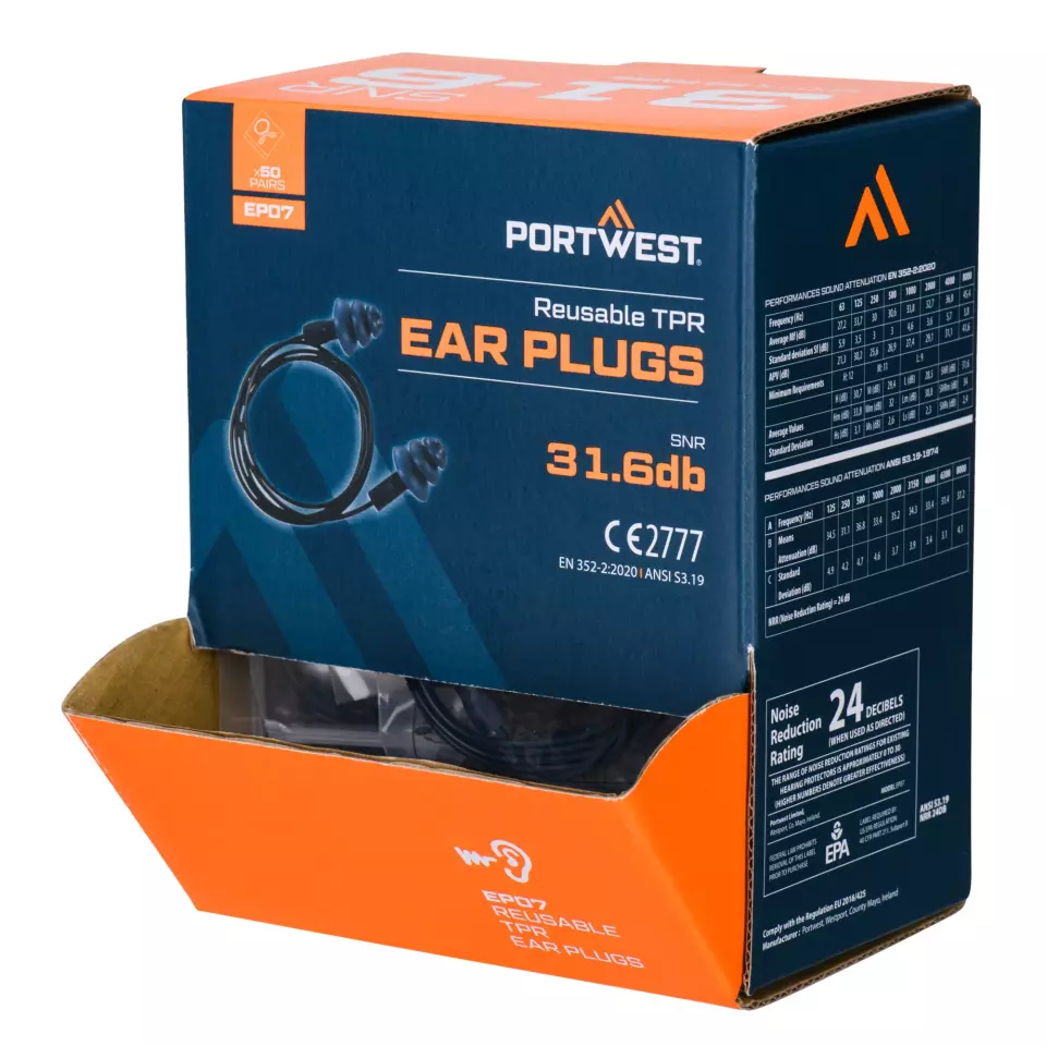 Portwest EP07BLU, Detectable TPR Corded Ear Plugs, Blue, image 2, gallery thumbnail