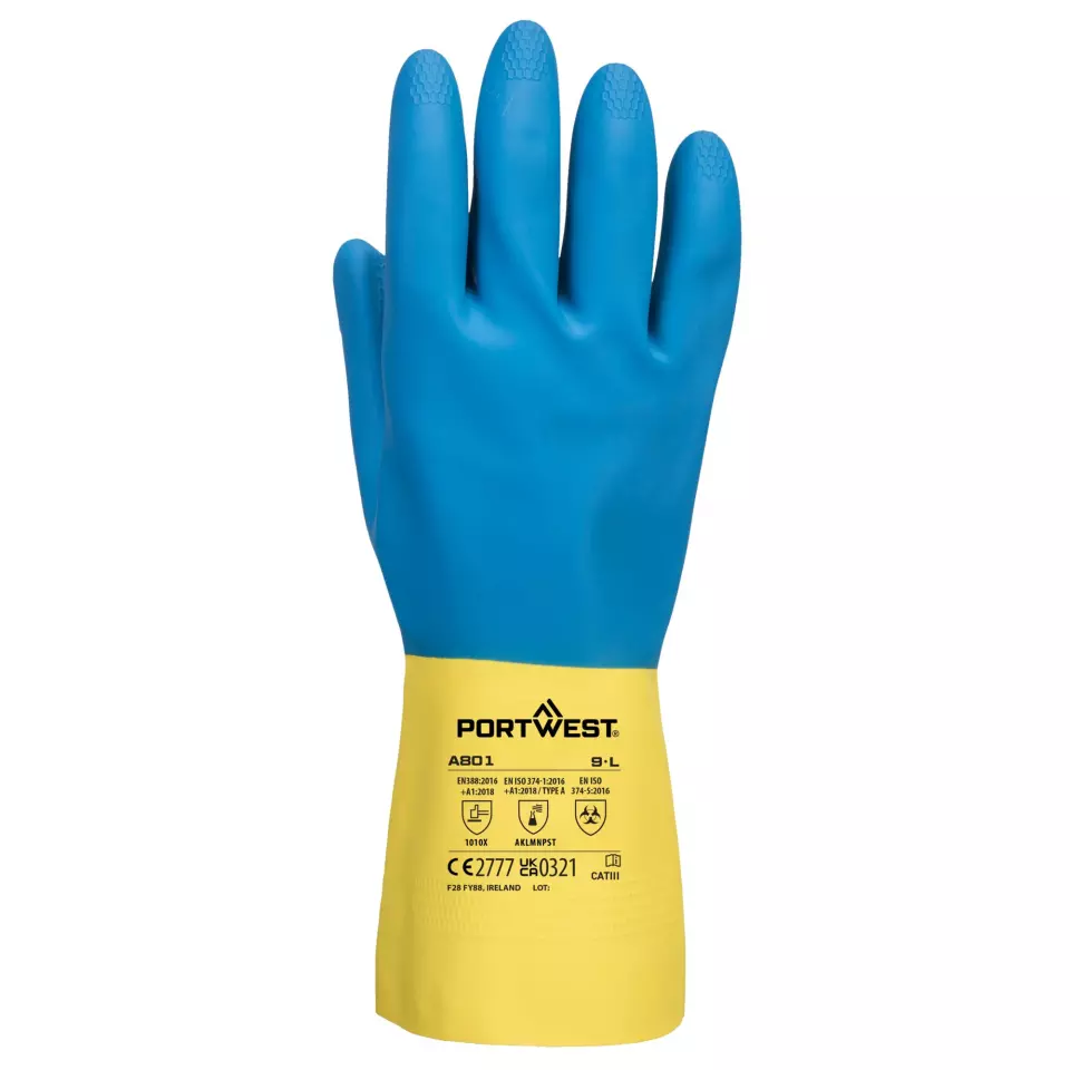 Portwest A801Y4R, Double Dipped Latex Gauntlet, Yellow/Blue, image 1, gallery thumbnail