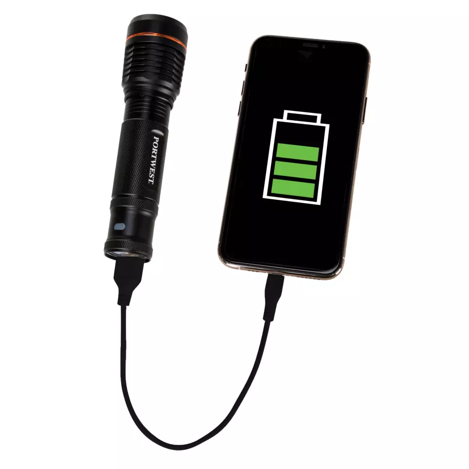 Portwest PA75BKR, USB Rechargeable Torch, Black, image 7, gallery thumbnail