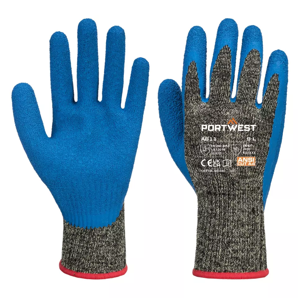 Portwest A611K4R, Aramid HR Cut Latex Glove, Black/Blue, image 3, gallery thumbnail