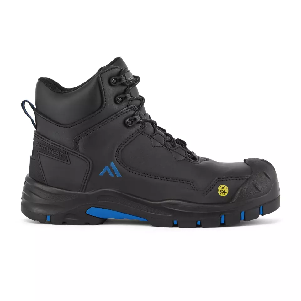 Portwest FC18BKB, Composite Action Leather Mid Boot S3S ESD HRO SR SC FO, Black/Blue, image 1, gallery thumbnail