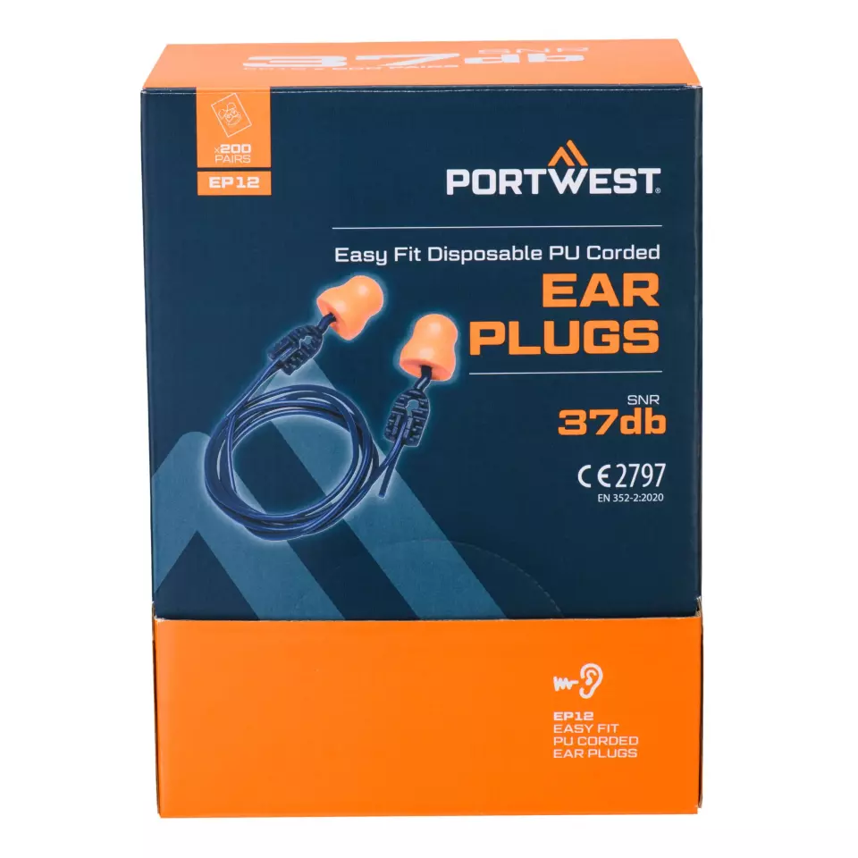 Portwest EP12ORR, Easy Fit PU Ear Plugs Corded, Orange, image 2, gallery thumbnail
