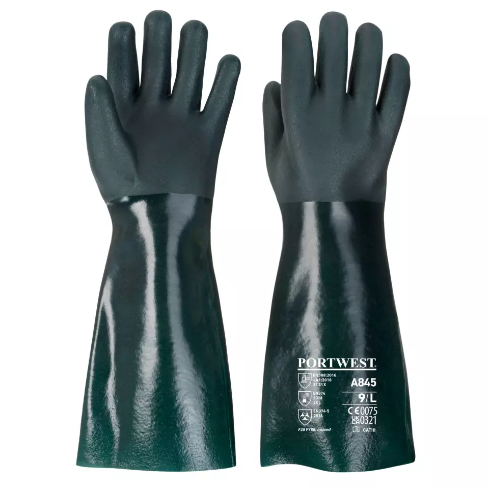 Portwest A845GNR, Double Dipped PVC Gauntlet 45cm, Size XL, Green, image 1, gallery thumbnail