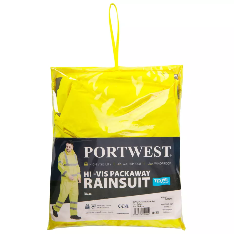 Portwest H448YER, Hi-Vis Packaway Rain Suit, Yellow, image 4, gallery thumbnail