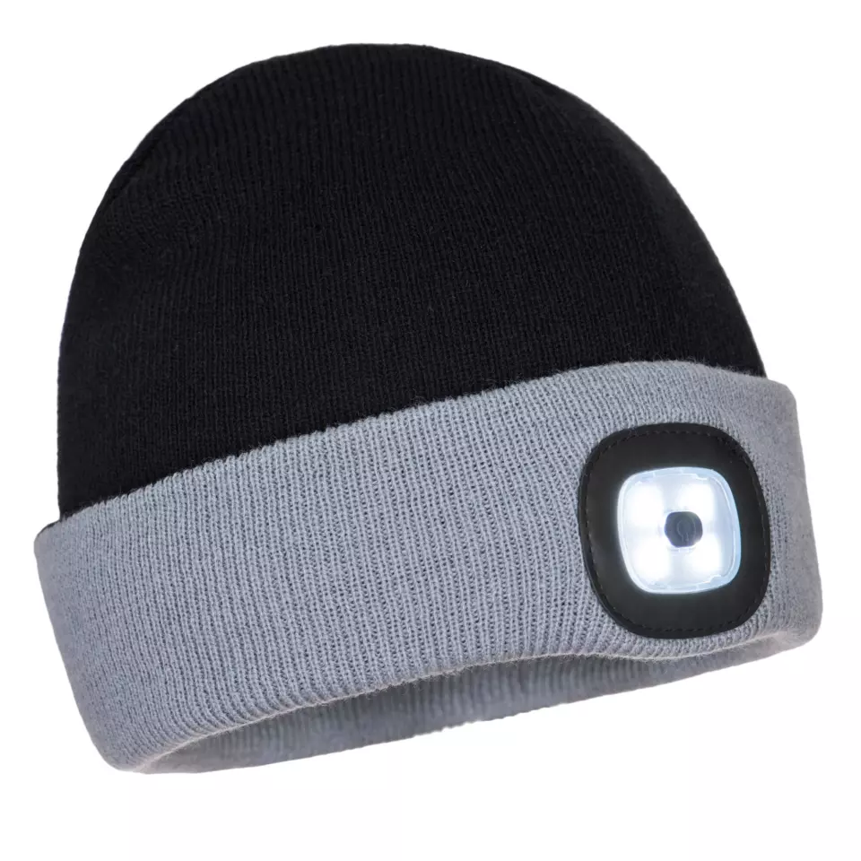 Portwest B034BKG, Two Tone LED Rechargeable Beanie, Black/Grey, image 1, gallery thumbnail