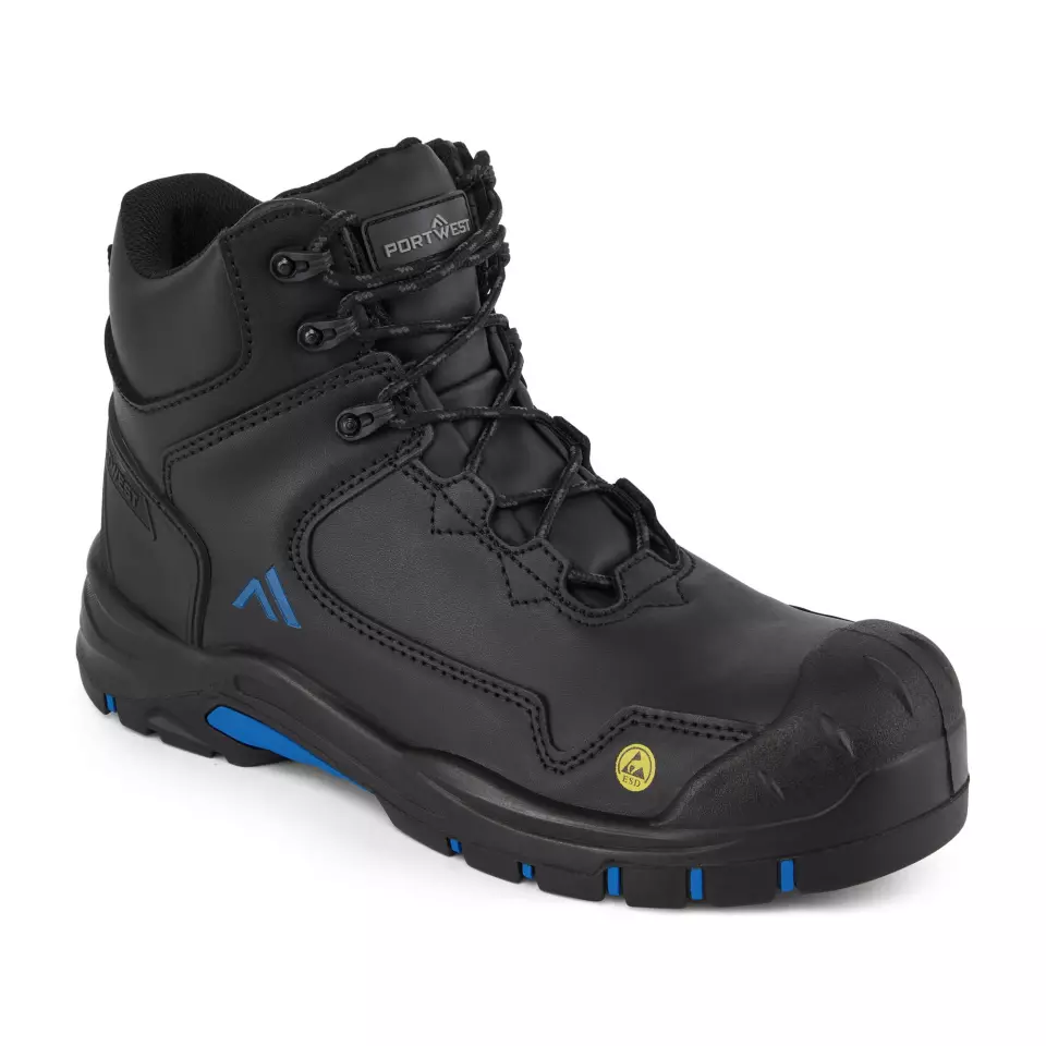 Portwest FC18BKB, Composite Action Leather Mid Boot S3S ESD HRO SR SC FO, Black/Blue, image 3, gallery thumbnail