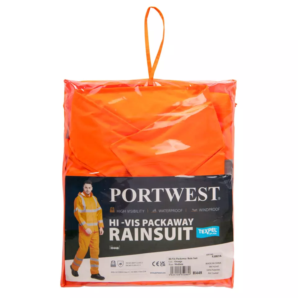Portwest H448ORR, Hi-Vis Packaway Rain Suit, Orange, image 3, gallery thumbnail