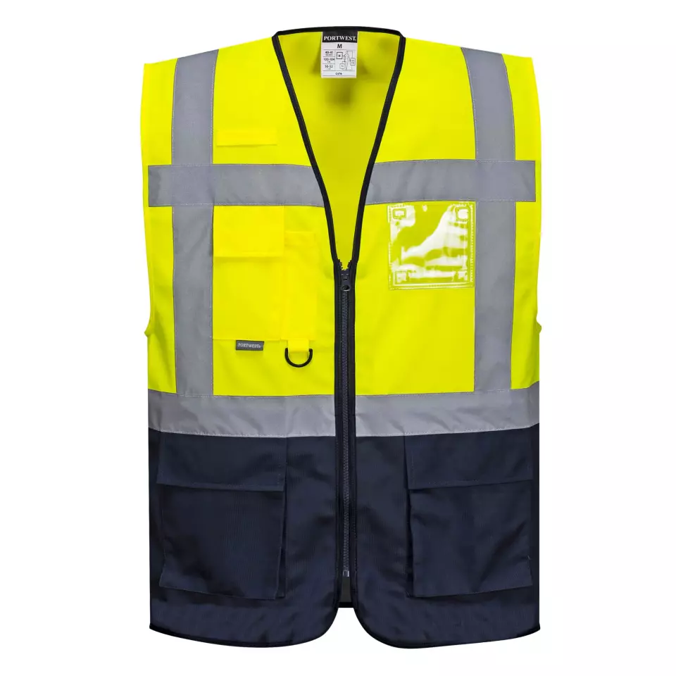 Portwest C476YNR, Warsaw Hi-Vis Contrast Executive Vest, Yellow/Navy, image 1, gallery thumbnail
