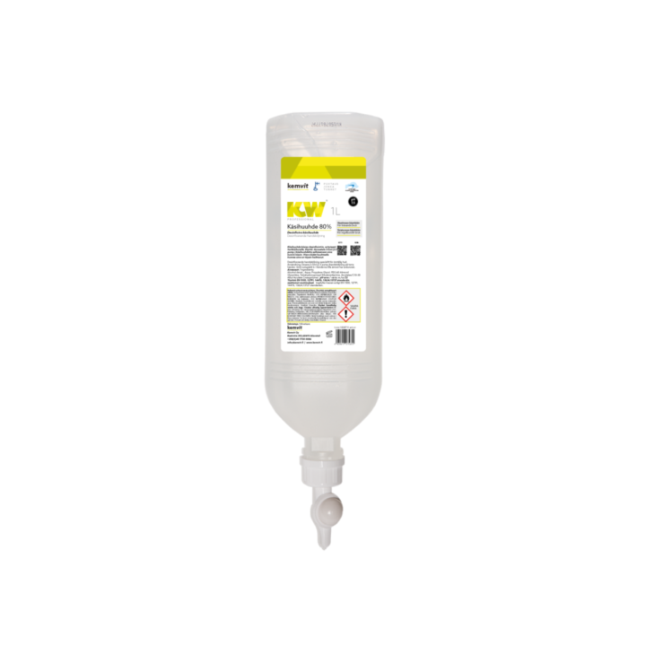 Kemvit hand sanitizer in 80% litre bottle. 10 pieces per batch.

For demanding use, a broad-spectrum hand sanitizer for hand and skin disinfection, especially for sensitive skin. KW Hand Wash 80% dries quickly and does not leave the skin sticky.

Colourless liquid.
Contains: Alcohol denat., Aqua, Propylene Glycol, PEG-60 Almond, Glycerides, Tetrahydroxypropyl Ethylenediamine,Acrylates/C10-30, Alkyl Acrylates Crosspolymer.