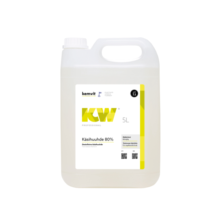 Kemvit hand sanitizer 80% 5 L. In a pack of 3.

For demanding use, a broad-spectrum hand sanitizer for hand and skin disinfection, especially for sensitive skin. KW Hand Wash 80% dries quickly and does not leave the skin sticky.

Colourless liquid.
Contains: Alcohol denat., Aqua, Propylene Glycol, PEG-60 Almond, Glycerides, Tetrahydroxypropyl Ethylenediamine, Acrylates/C10-30, Alkyl Acrylates Crosspolymer.
