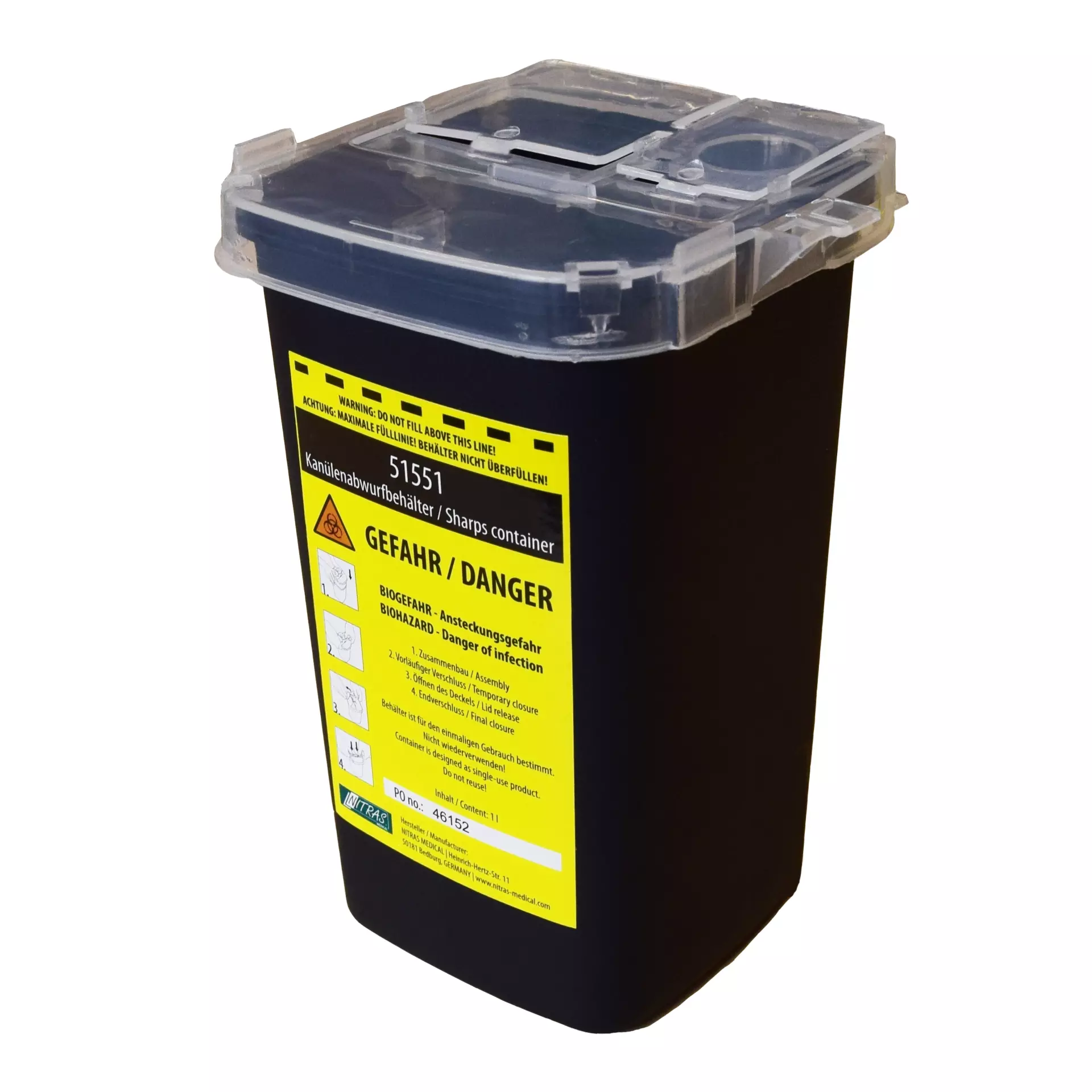 Nitras Medical 51551, Sharps container, polyethylene, black, 1,000 ml, image 1